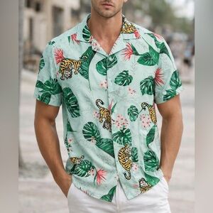 Good Vibes “Life Is a Beach” Tropical Tiger Button Down Shirt Men (1213)
